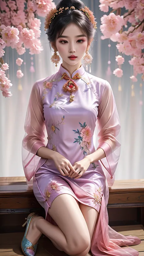 Modern Chinese cheongsam fashion design, A beautiful girl wearing a pastel lace gown, with a complete body (Pink, purple, blue, ...
