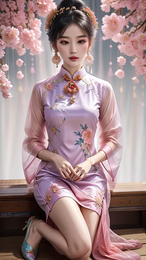 modern chinese cheongsam fashion design, a beautiful girl wearing a pastel lace gown, with a complete body (pink, purple, blue, ...