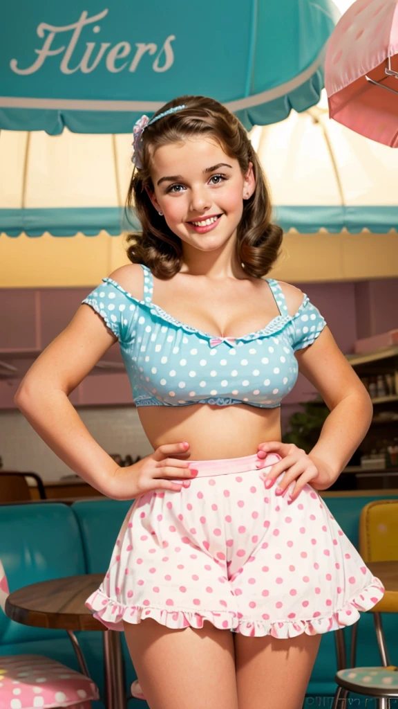 (MOST BEAUTIFUL GIRL IN THE WORLD), PHOTO REALISTIC, MASTERPIECE (14 YO) LARGE BREASTS, photo of a brunette pinup holding a big lolipop beautiful smile beautiful cafe retro bright light colors pastel mini skirt with polka dots posing in pinup style sexy