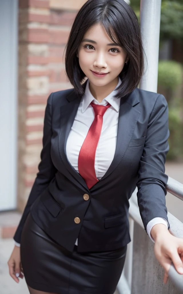 girl, Hyper Realistic, masterpiece, smile, portrait, bobhair, skirt suit, dress shirt, red necktie, blazer, bodycon miniskirt, pencil skirt, tights, pantyhose