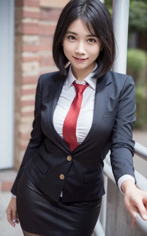 girl, hyper realistic, masterpiece, smile, portrait, bobhair, skirt suit, dress shirt, red necktie, blazer, bodycon miniskirt, p...