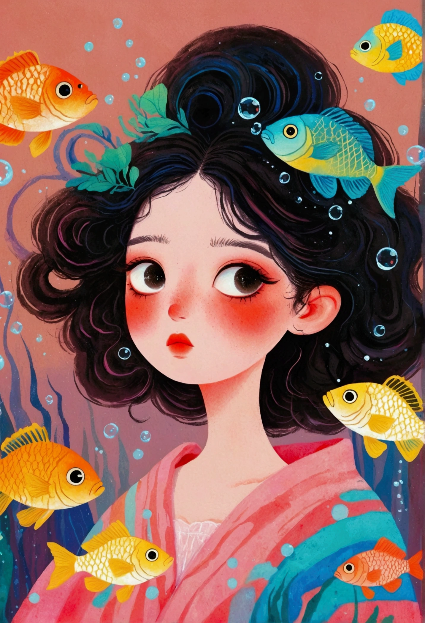 Ilustração de arte pastel：uma pintura de uma mulher com peixe no cabelo,Bolhas，Olhos grandes， (((#10: Cabelo claro e fofo)))，Jin Nong&#39;o surrealismo, vencedor do concurso behance, surrealismo pop, ilustrações coloridas, Uma bela ilustração artística, ilustração colorida, surrealismo pop art style, estilo de ilustração digital, Ilustrações de fantasia, Arte de ilustração, surrealismo mágico, Ilustração de fantasia digital, surrealismo pop lowbrow art style,Fundo de cor sólida