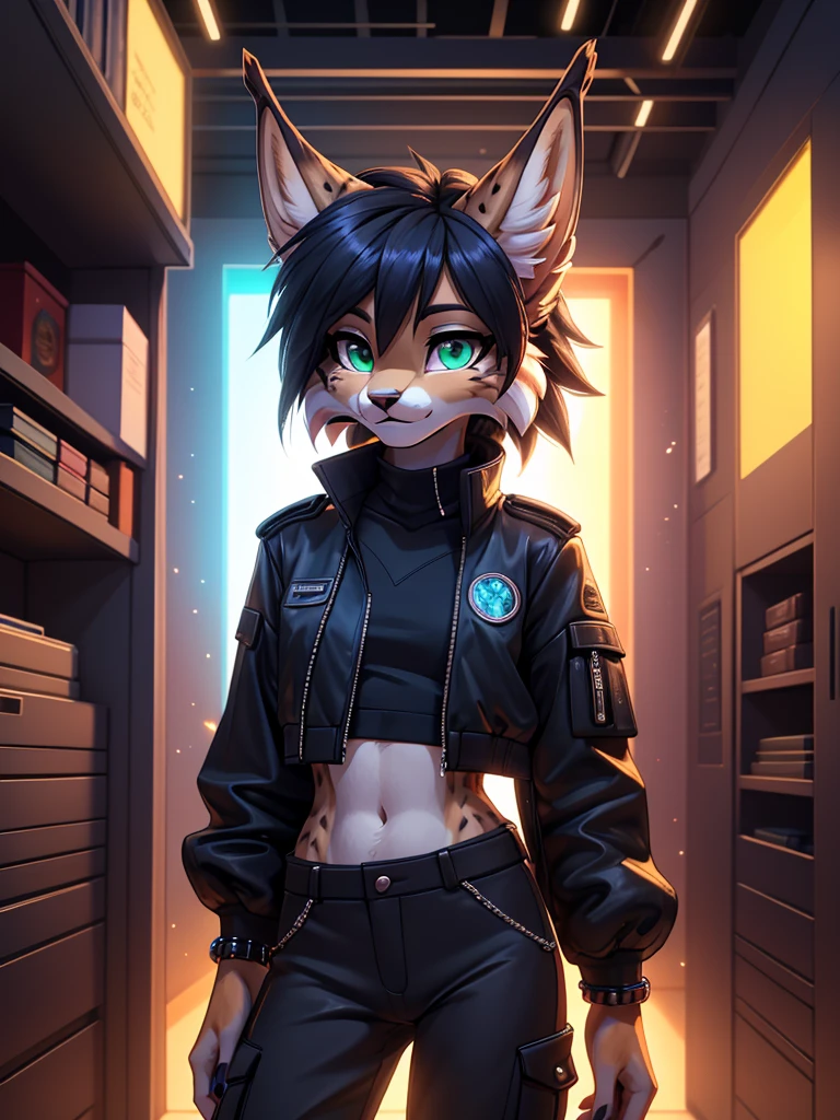 **Prompt:** A beautiful, (masterpiece), high quality, perfect lighting, highly detailed CG Unity 8k wallpaper, high resolution, perfect lighting, youthful, adolescent, tall, slim, skinny, frail slender figure, slim legs, distinctly feminine figure, narrow hips, long legs, close-up shot of a unique female lynx character. She has a soft, plush coat of tawny fur with faint, intricate rosette patterns and a darker, rich caramel mane framing her face. Her hair is styled in a wild, tousled bob with streaks of electric blue, adding a vibrant contrast to her natural fur tones. Her eyes are a striking amber, large and intense, with a reflective, almost luminous quality.

She is dressed in a chic, urban outfit: a fitted, cropped bomber jacket in metallic silver, paired with a high-neck black bodysuit and slim-fit cargo pants in a deep charcoal color. The outfit is accented with neon green lines that give a subtle, futuristic edge. Her accessories include a sleek, high-tech wristband, a single ear cuff shaped like a lightning bolt, and a pair of aviator sunglasses resting atop her head. She carries a small, stylish crossbody bag slung over her shoulder.

The character is posed lounging casually on a plush, oversized bean bag, one leg draped lazily over the side, with her head resting on her hand in a relaxed yet attentive posture. Her expression is one of quiet confidence and keen interest, her gaze directed slightly to the side as if observing something intriguing. The background is a modern loft space with dim, ambient lighting and a few scattered tech gadgets, creating a cozy yet sophisticated atmosphere that accentuates her stylish and slightly edgy appearance.