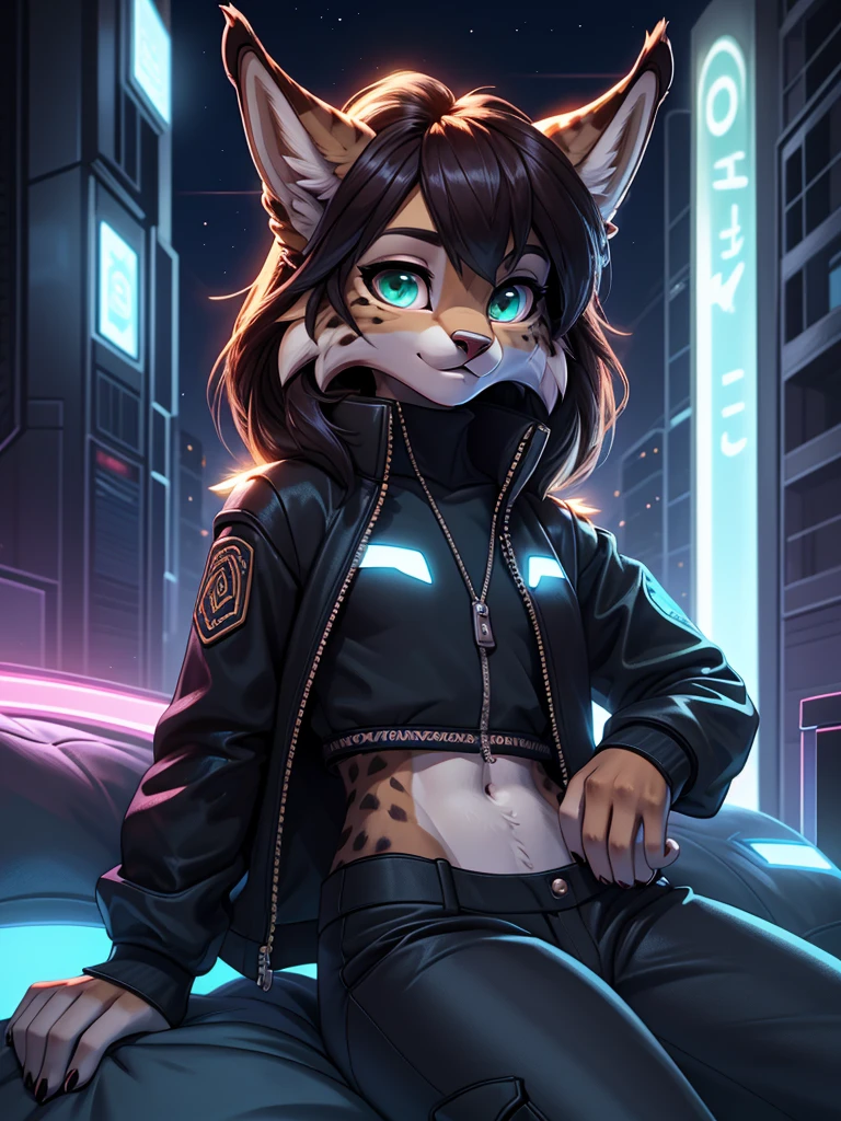 **Prompt:** A beautiful, (masterpiece), high quality, perfect lighting, highly detailed CG Unity 8k wallpaper, high resolution, perfect lighting, youthful, adolescent, tall, slim, skinny, frail slender figure, slim legs, distinctly feminine figure, narrow hips, long legs, close-up shot of a unique female lynx character. She has a soft, plush coat of tawny fur with faint, intricate rosette patterns and a darker, rich caramel mane framing her face. Her hair is styled in a wild, tousled bob with streaks of electric blue, adding a vibrant contrast to her natural fur tones. Her eyes are a striking amber, large and intense, with a reflective, almost luminous quality.

She is dressed in a chic, urban outfit: a fitted, cropped bomber jacket in metallic silver, paired with a high-neck black bodysuit and slim-fit cargo pants in a deep charcoal color. The outfit is accented with neon green lines that give a subtle, futuristic edge. Her accessories include a sleek, high-tech wristband, a single ear cuff shaped like a lightning bolt, and a pair of aviator sunglasses resting atop her head. She carries a small, stylish crossbody bag slung over her shoulder.

The character is posed lounging casually on a plush, oversized bean bag, one leg draped lazily over the side, with her head resting on her hand in a relaxed yet attentive posture. Her expression is one of quiet confidence and keen interest, her gaze directed slightly to the side as if observing something intriguing. The background is a modern loft space with dim, ambient lighting and a few scattered tech gadgets, creating a cozy yet sophisticated atmosphere that accentuates her stylish and slightly edgy appearance.