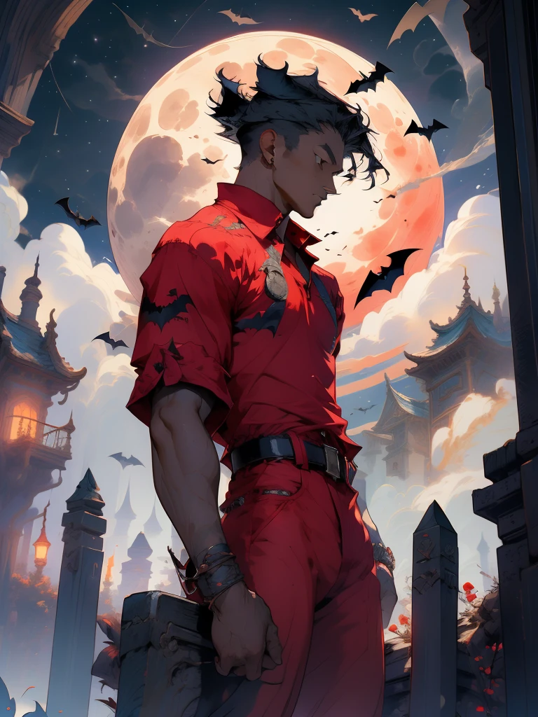 moon, full moon, bat, night, solo, 1boy, male focus, sky, red shirt, bird, dark skin, night sky, graveyard, red pants, moonlight, belt, cloud