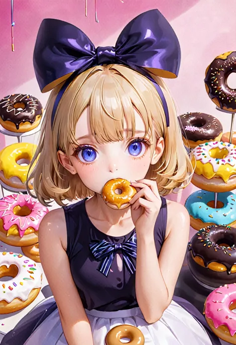 one girl, , ribbon on head, odd eyes, eating a donut, donuts in the background