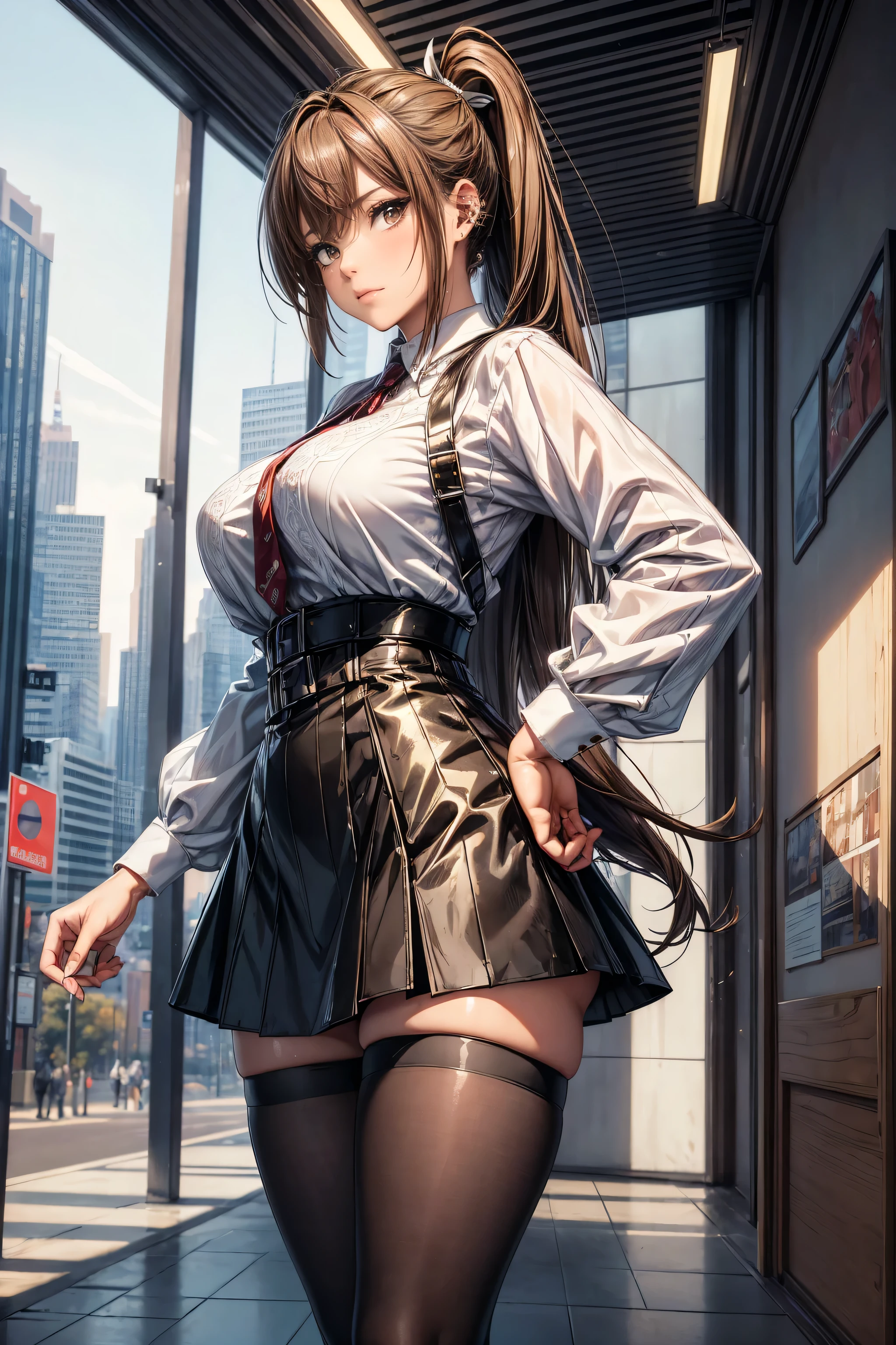 (masterpiece, Highest quality), Intricate details, 8k, Art Station, wallpaper, Official Art,  Sharp focus, One girl,Toned body、 Long Hair,ponytail,  Brown Hair, , office lady,White patent leather shirt、Black enamel tight skirt、tights、 printing, Cold Eyes , Muddy eyes、skyscraper, city, building, car, street,