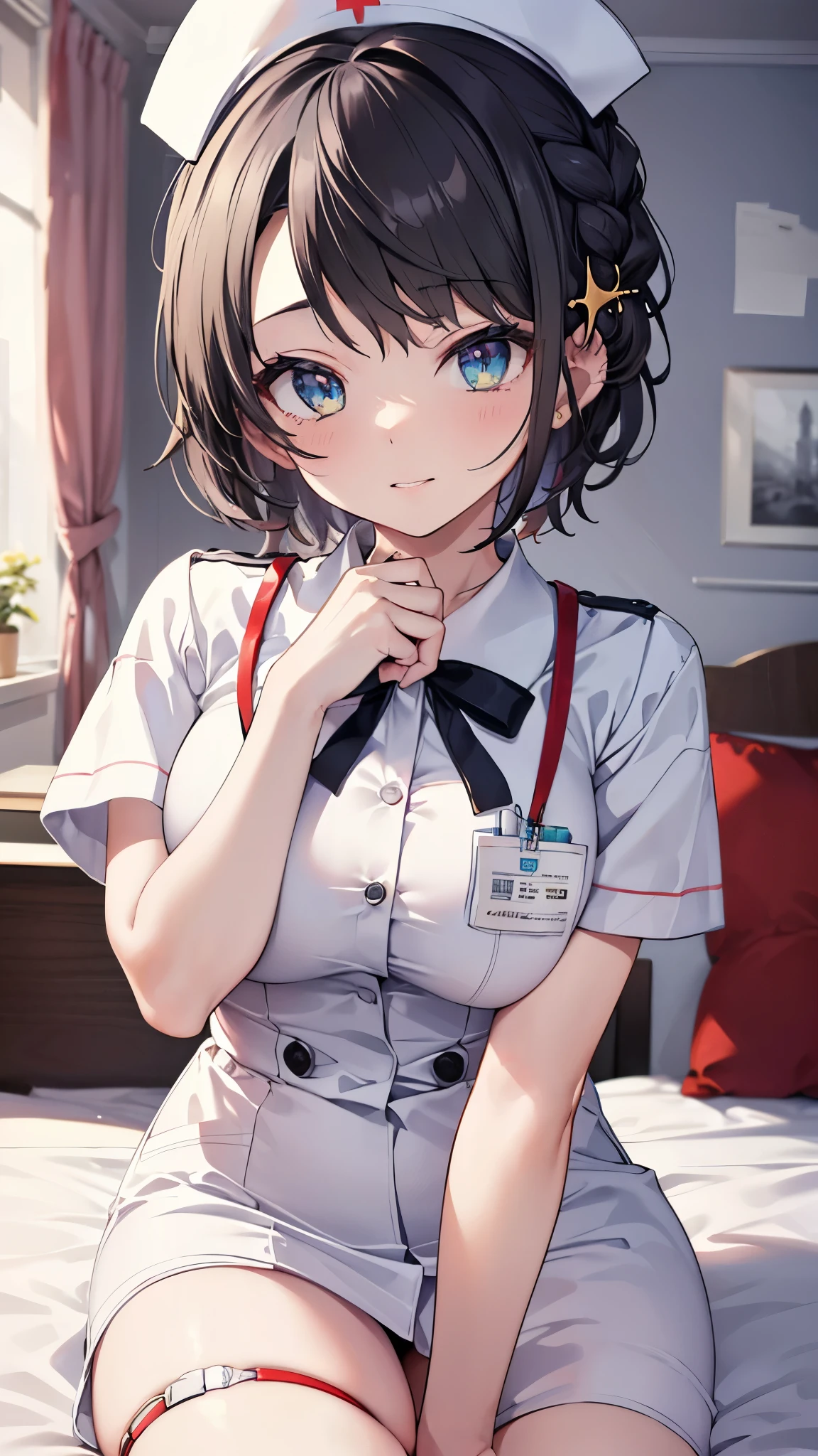 (best quality:1.2), (ultra detailed:1.2),(masterpiece:1.2),(8k:1.2),(Blessed,Captivating body、Ultra detailed hands、Ultra-detailed eyes、Ultra-detailed skin、ultra-detailed face,Detailed Background),One Girl、(bedroom,nurse, nurse cap, breast pocket, collared dress, short dress, short sleeves, thighs, white dress, white headwear), ccsubaru, short hair, french braid, hairclip,(ecstasy, aroused:1.5)