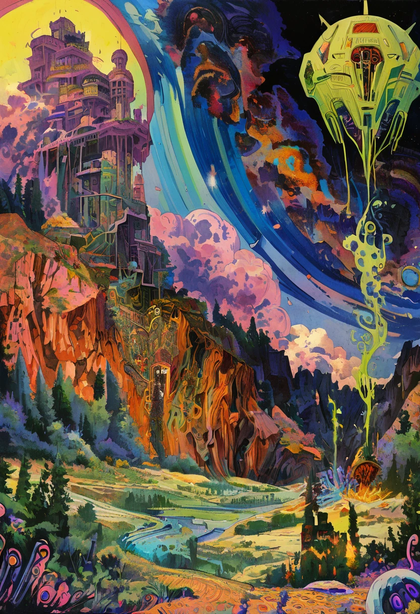 illustration, animé, mage cybernétique, affiche ancienne, biopunk, horreur, sombre et complexe, peinture à l&#39;huile, violet électrique et noir, noyau de sorcière, Paysage mystique, Psychédélique