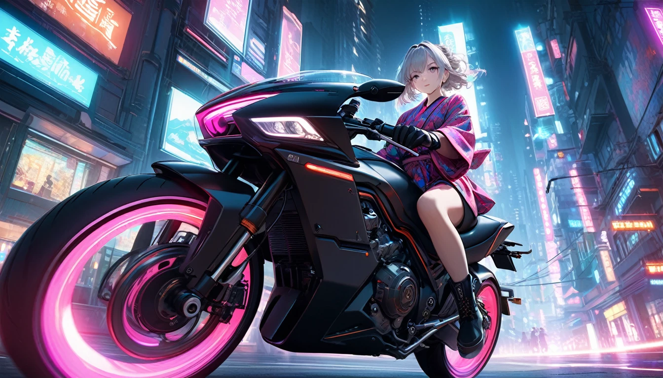 (masterpiece, best quality, super detailed, beautiful details eyes, Clean and delicate face), a cute lady riding a futuristic motorcycle in the city, Dynamic Motion Blur, trail of lights, long exposure, akira anime style, (wearing a pop color yukata, black gloves and boots, thigh), Fluttering yukata, cyberpunk city, neon lights, volumetric lighting, dramatic lighting, cinematic, photo realistic, 8k, studio lighting, vivid colors, digital art, perspective, from below