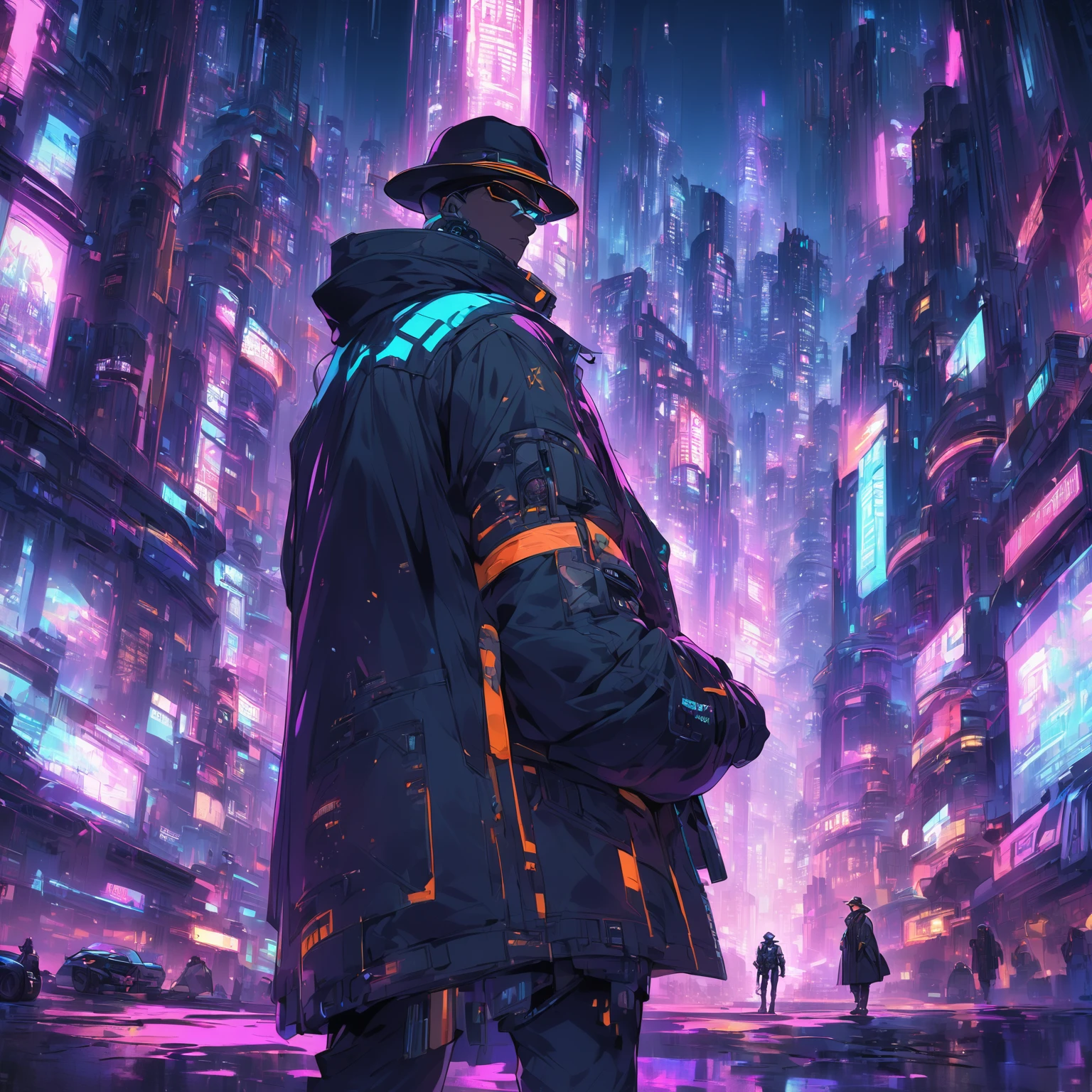 batman in a black coat and hat standing in front of a city, he is traversing a shadowy city, dark cyberpunk illustration, in front of a sci fi cityscape, hero pose colorful city lighting, in cyberpunk city, in a futuristic cyberpunk city, neon city in the background, mysterious man, stylized urban fantasy artwork, digital cyberpunk anime art, in a cyberpunk city