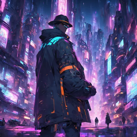 batman in a black coat and hat standing in front of a city, he is traversing a shadowy city, dark cyberpunk illustration, in fro...