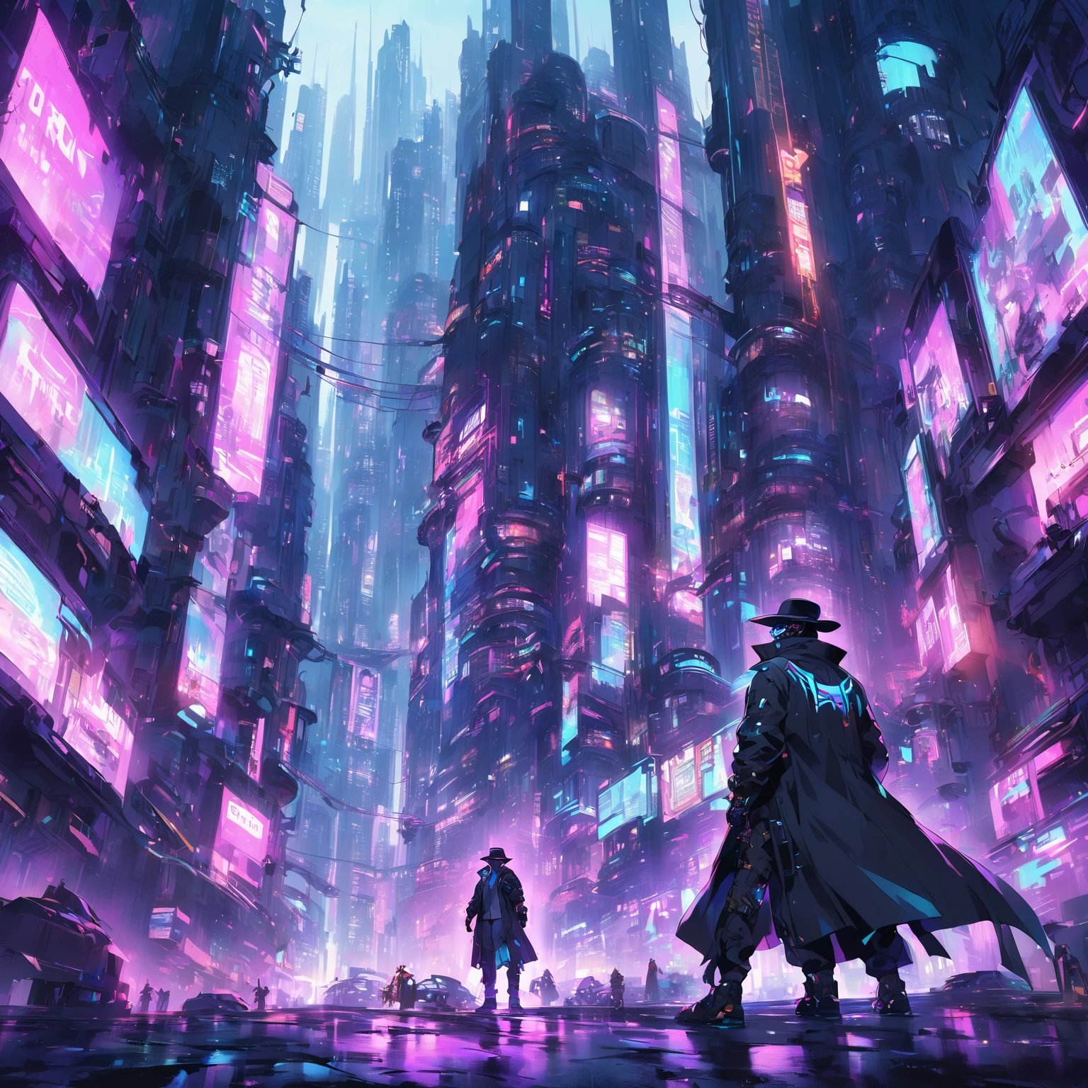 Batman, vêtu d'un manteau et d'un chapeau noirs, se tient devant une ville, il traverse une ville sombre, illustration cyberpunk sombre, devant un paysage urbain de science-fiction, pose de héros éclairage de ville coloré, dans la ville cyberpunk, dans une ville cyberpunk futuriste, ville néon en arrière-plan, homme mystérieux, oeuvre de fantaisie urbaine stylisée, art animé cyberpunk numérique, dans une ville cyberpunk