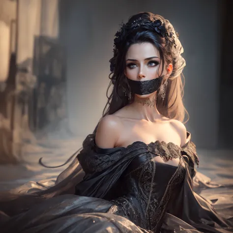 a very beautiful woman in a long ruffled silk dress, tied up and gagged, gr33ns1lk, beautiful detailed eyes, beautiful detailed ...