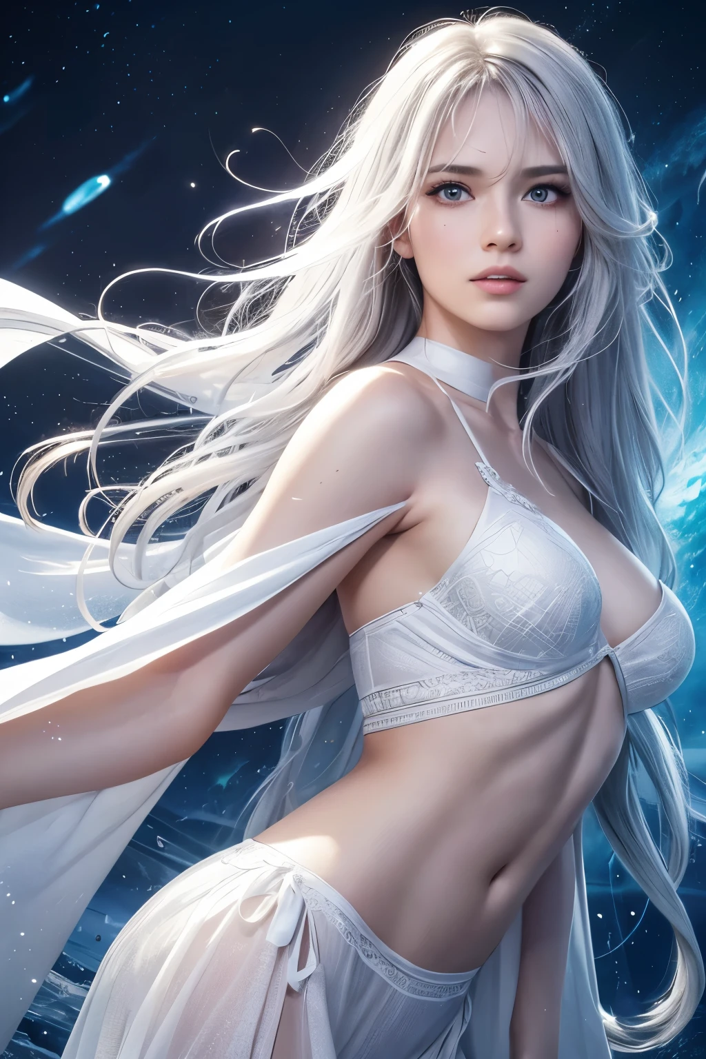 spelling the magic, wearing something like cosplay outfit, impossible fantasy scene, look up the sky, holding a mage rod, causing massive and huge ice brizard from the mage rod, all around area is iced, the sky glows white with snowdetailed face, long white hair, hair is shaggy and dishevelled by the wind, beautiful white-colored translucent skin, slendar figure, skiny chest , heavy-makeup, small nose, smooth shaped jawline, glossy face, flushed cheeks, a little sweating, detailed eyes, detailed lips, beautiful long eyelashes, photorealistic, highly detailed, 8k, best quality, masterpiece, vibrant colors, dramatic lighting, cinematic composition, digital art