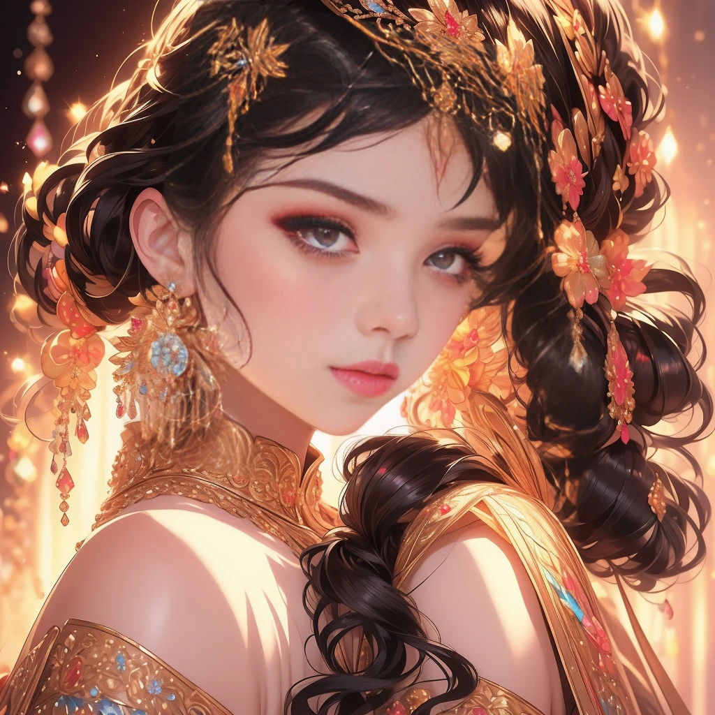 best quality, (lifelike:1.2), 1 girl, alone, Detailed face, Face focus, Permanently installed, black hair,(hair accessories:1.35),bow sleeves, Detached sleeves, Ribbon decoration, wide sleeves, (looking at the audience:1.5) long hair, black eyes, Bangs, lips,