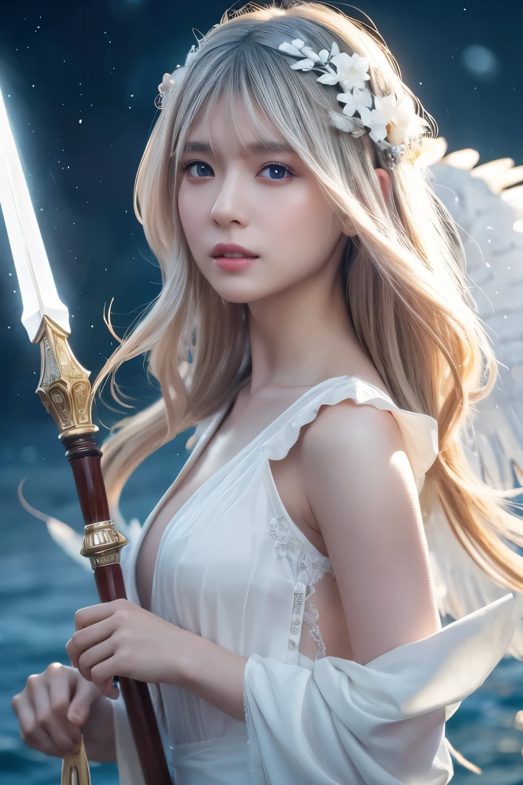 spelling the magic, wearing something like cosplay outfit, impossible fantasy scene, have the wings on back, flying over the sea, holding a mage spear, big ear like an elfs, emitting big storm from the mage spear, all around area is lighted, detailed face, long white hair, long white hair, wearinggorgeous hair ornament, hair is shaggy and dishevelled by the wind, beautiful white-colored translucent skin, slendar figure, skiny chest , heavy-makeup, small nose, smooth shaped jawline, glossy face, flushed cheeks, a little sweating, detailed eyes, detailed lips, beautiful long eyelashes, photorealistic, highly detailed, 8k, best quality, masterpiece, vibrant colors, dramatic lighting, cinematic composition, digital art