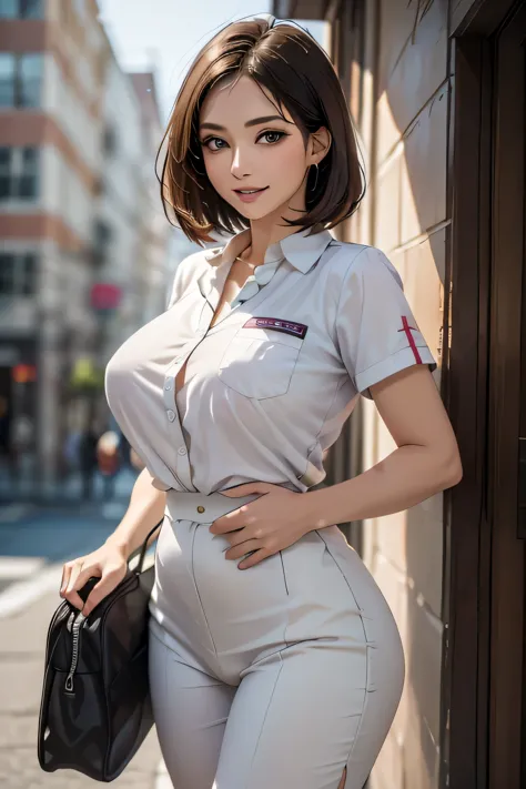 ((1 female, 40 years old)), ((nurse cap and short nurse uniform)), masterpiece, ((big breasts)), (big hips), (sexy pose), (very ...