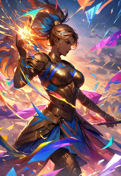 visualize an intense scene of a battle-hardened warrior in a vivid and abstract landscape. the warrior is a powerful woman of so...