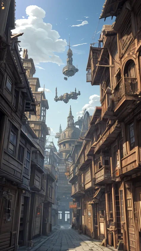 super detail, high details, high quality, 8k, Miyazaki style, a steampunk-style city floating in the sky, clouds and diverse arc...