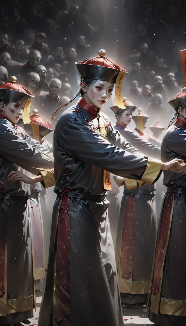 Highest quality, Realistic, photoRealistic, Award-winning photography, (Intricate details: 1.2), (Subtle details), (Intricate details), (Cinematic Light, Many zombies lined up in a row, Chinese zombie dancers, Jiangshi, Dancing with arms raised in front, Jiangshiダンス),