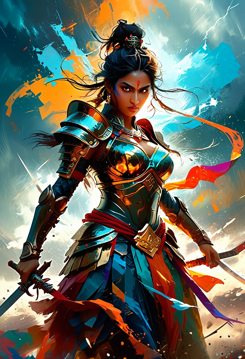 Visualize an intense scene of a battle-hardened warrior in a vivid and abstract landscape. The warrior is a powerful woman of South Asian descent, clad in intricate bronze armor, a finely-crafted sword gripped firmly in her hand. The landscape is a storm of geometric shapes and swirling colors, seemingly defying the laws of physics. Splashes of paint dance around the warrior, representing the chaotic but beautiful turmoil of the battlefield.