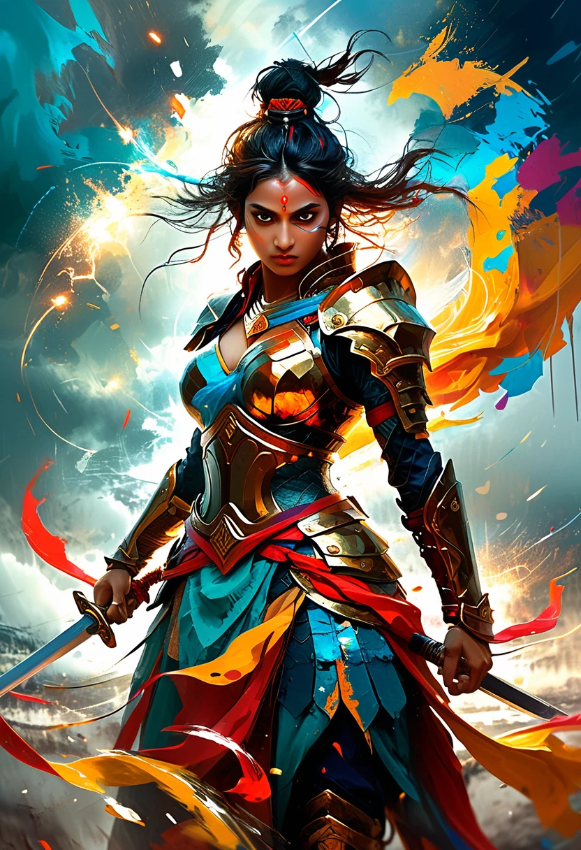 Visualize an intense scene of a battle-hardened warrior in a vivid and abstract landscape. The warrior is a powerful woman of South Asian descent, clad in intricate bronze armor, a finely-crafted sword gripped firmly in her hand. The landscape is a storm of geometric shapes and swirling colors, seemingly defying the laws of physics. Splashes of paint dance around the warrior, representing the chaotic but beautiful turmoil of the battlefield.