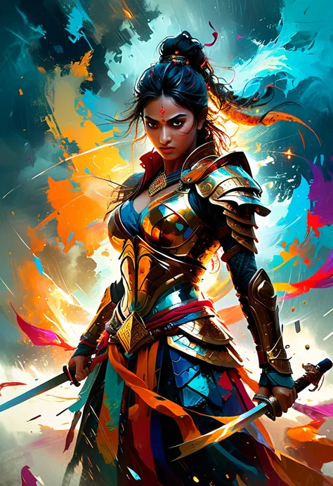 visualize an intense scene of a battle-hardened warrior in a vivid and abstract landscape. the warrior is a powerful woman of so...