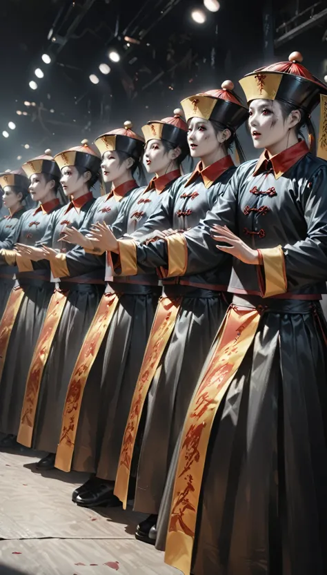 Highest quality, Realistic, photoRealistic, Award-winning photography, (Intricate details: 1.2), (Subtle details), (Intricate details), (Cinematic Light, Many zombies lined up in a row, Chinese zombie dancers, Jiangshi, Dancing with arms raised in front, Jiangshiダンス),