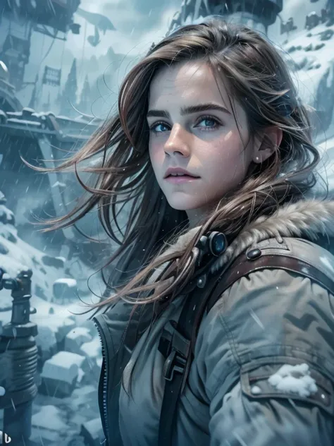 (emma watson, detailed,8k,photorealistic,cinematic lighting,dramatic lighting),(apocalyptic,snowy winter landscape),(beautiful y...