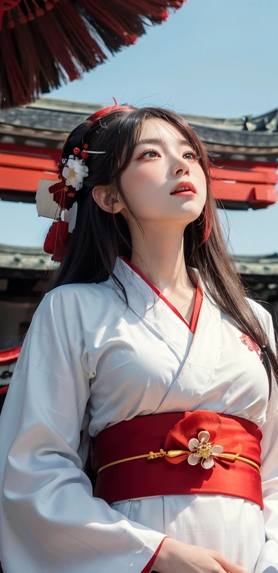 {{There is a woman standing at the shrine.}},masterpiece,8k,(Photorealistic),Realistic Skin,(Very long hair),red面,(Shrine maiden,The top (white) yukata,Below is (red) In the same way:1.5), A small smile,correct_anatomy,whole body,(Grab the broom with both hands:1.3),Sunlight illumination,Dramatic lighting,(look up :1.5),45 angle view,35mm lens,(From below:1.4)(Natural light),Narrow eyes,illuminating her face