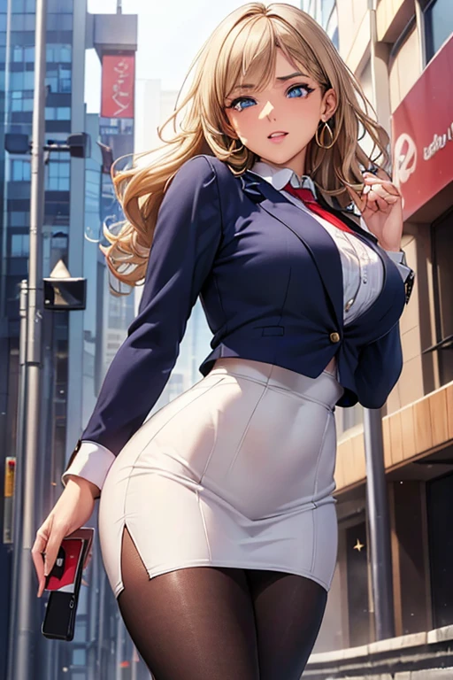 #Basics A girl is posing for a photo, animeのcute女の子,  ((One Girl)), (((Baby Face:1.4)) + ((cute:1.5)) + ((15 years old))), 
break 

#Clothing Accessories 
((Blue Business Suit : White dress shirt + Red tie + Blue suit vest + Blue suit jacket + Black pencil skirt + Low denier black pantyhose), Black high heels), 
((Gold hoop earrings) + (Silver Necklace)),
break 

#Features 
(((Blonde)), ((Curly side hair)), ((Short Hair) : Long Hair + Fuller Hair + Voluminous Hair + Curly Hair)), 
((Droopy eyes:1.4, Big eyes:1.2), blue eyes),  
break 

#background environment 
((noon + Sunshine + office Street + Sidewalk + Office buildings and passers-by are visible)), 
#Facial Expression Pose  
((laughing)), ((Walking pose while looking at smartphone) : Walking while staring at a smartphone + Holding a smartphone in one hand and letting the other hang loose), 
#composition 
((Face the camera, (Focus from below), Cowboy Shot)), 
break 

#Body parts elements 
(Slim figure), 
(Detailed Hair, Beautiful Hair, Shiny Hair), 
(double eyelid, Long eyelashes), 
(Expression of fine eyes, Beautiful and delicate eyes, Sparkling eyes, Eye Reflexes, Glitter Eyeliner), 
(Human Ear), 
(Beautiful Nose, Thin Nose), 
(Glossy Lips, Beautiful Lips, Thick lips), (Symmetrical facial features), 
(Detailed skin, Textured skin, Beautiful Skin, Oily skin), 
break 

#Quality Image Quality Common 
(((Highest quality)), ((masterpiece)), ((Very detailed))), ((Ultra-high resolution)), ((16K, 1080P)), ((Full HD)), 
(Anatomically correct), (Realistic), (3DCG), (oil), (Detailed cloth texture), 
#High quality images and illustrations 
((comics, anime)), CG illustration,
