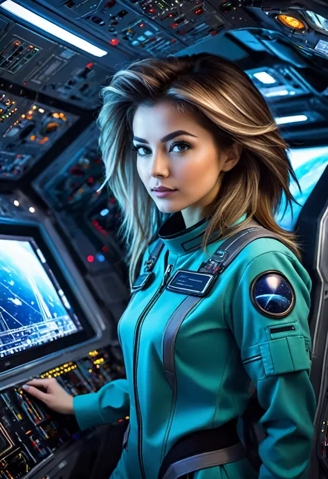 a (beautiful) and (attractive) woman. 25 years old. medium length straight shaggy hair. in a futuristic uniform dressed as a res...