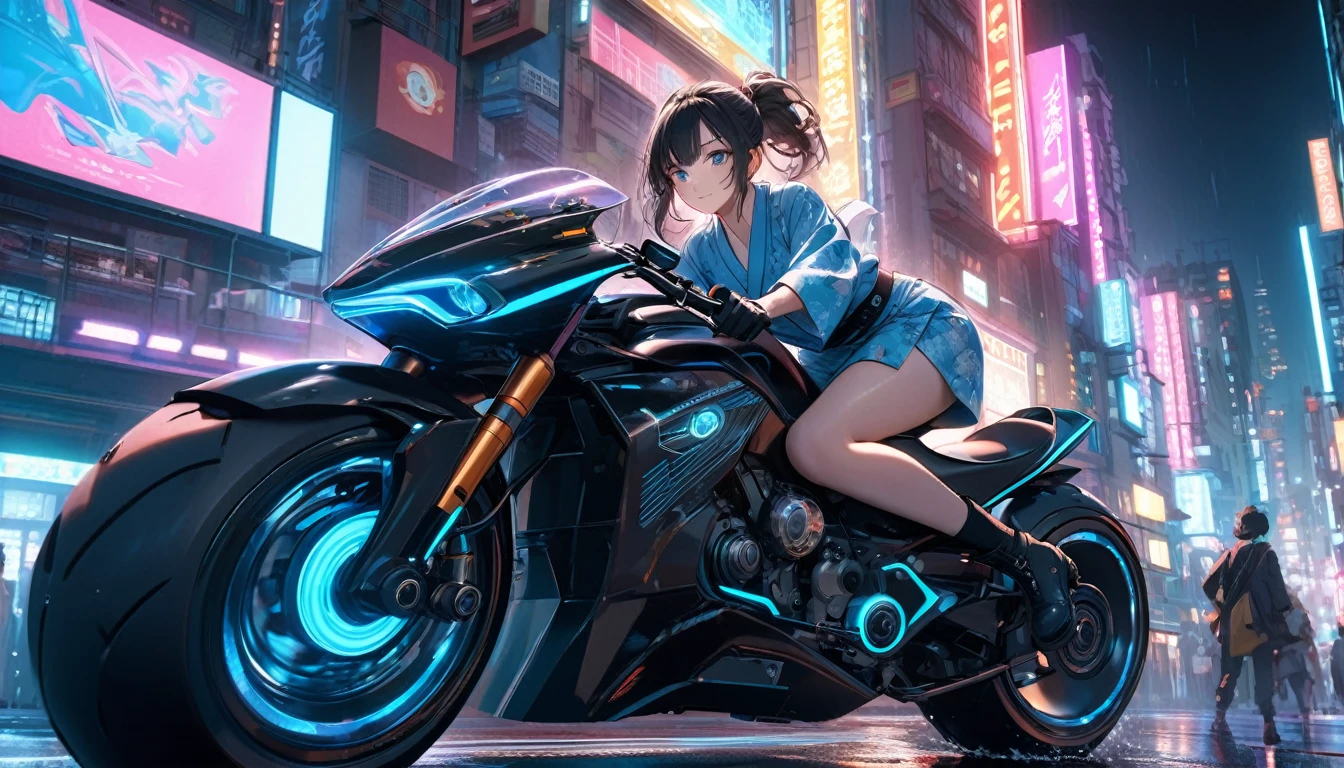 (masterpiece, best quality, super detailed, beautiful details eyes, Clean and delicate face), a cute lady riding a futuristic motorcycle in the city, BREAK, Dynamic Motion Blur, trail of lights, long exposure, akira anime style, BREAK, (wearing a pop color yukata, black gloves and boots, thigh, leaning forward), slight smile, Fluttering yukata, cyberpunk city, neon lights, volumetric lighting, dramatic lighting, cinematic, photo realistic, 8k, studio lighting, vivid colors, digital art, perspective, from below, BREAK, splash after driving on wet road