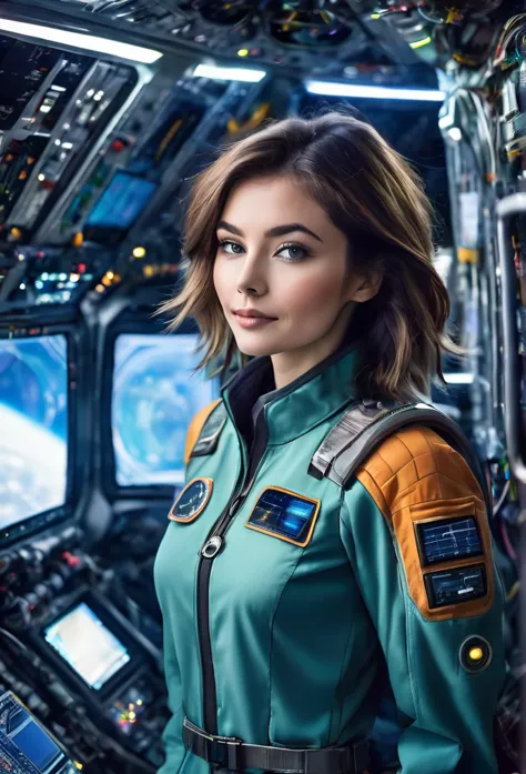 a (beautiful) and (attractive) woman. 25 years old. medium length straight shaggy hair. in a futuristic uniform dressed as a res...