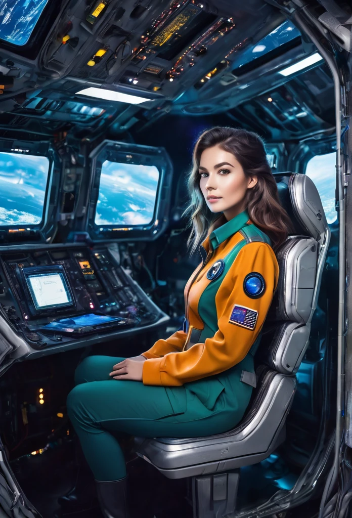 A (beautiful) and (attractive) woman. 25 years old. Medium length straight shaggy hair. In a futuristic uniform dressed as a researcher in a team on an alien planet. With a beautiful, intelligent face. Examining a computer instrument panel inside a spacecraft.  She is wearing a high-tech spaceship crew uniform.