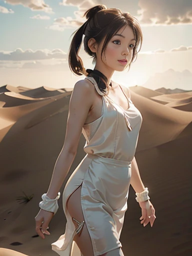   (8k, RAW photo, best quality, masterpiece), (photo realistic), outstanding details, ultra-high resolution, anatomically correct, textured skin, 

(cowboy shot:1.4),  from side angel, wide angel, 
1 cute japanese woman, 30 years old, (walking pose:1.4),

(medium breasts:1.4), (Plump arms:1.6), 

laugh, looking up, 

(Downturned Eyes:1.6), pupils sparkling, Cute and small duck mouth, small and cute nose, thin lips, thin eyebrows, 

dark brown hair, (very short most lower ponytail:1.6), swept bangs, 

 beautiful Earrings, 

(background Endless sand dunes), 
atmospheric perspective, depth of field, 
(backlighting), 
reflection light from below, 
(dramatic lighting), cinematic lighting,  dreamy atmosphere, animated expression,