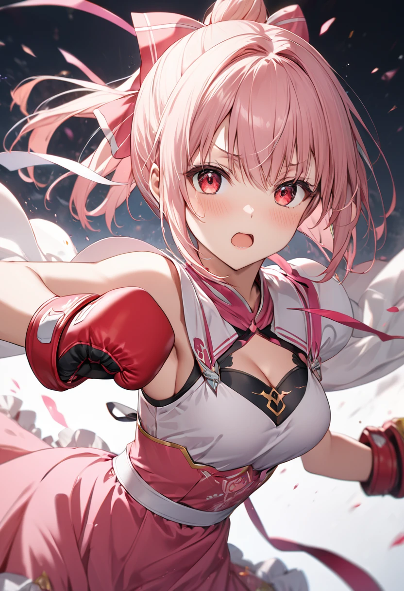 (masterpiece), Highest quality, (((Super detailed, 8K quality))),Yuuki Yuna,Expressive eyes, Perfect Face, Perfect Anatomy, Perfect body, scene, One girl, alone,Pink Hair,Red eyes,dress, bow, ribbon,,hair ribbon,(勇者punch),fist,punch