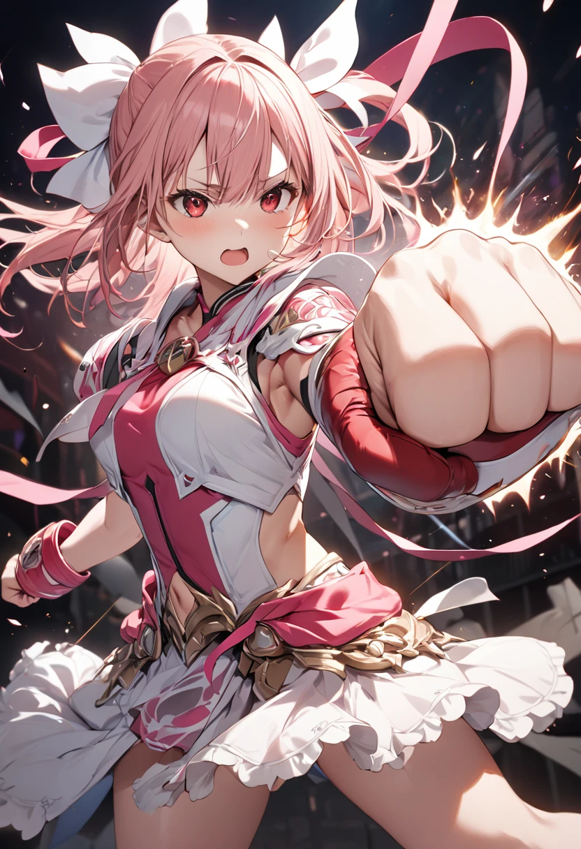 (masterpiece), Highest quality, (((Super detailed, 8K quality))),Yuuki Yuna,Expressive eyes, Perfect Face, Perfect Anatomy, Perfect body, scene, One girl, alone,Pink Hair,Red eyes,dress, bow, ribbon,,hair ribbon,(勇者punch),fist,punch