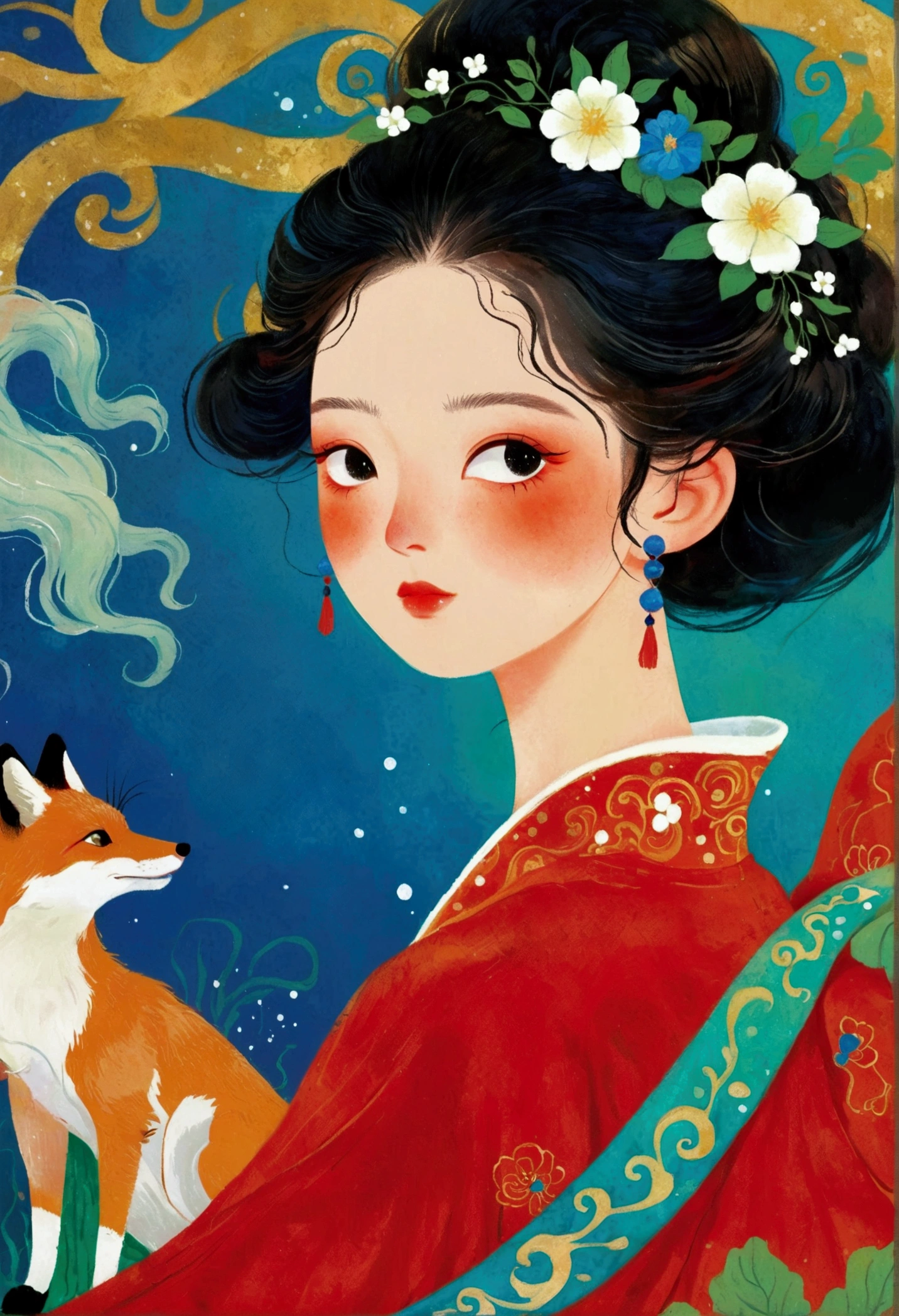 Primer plano de portada de revista，Una dama con un vestido rojo, Una pintura extremadamente detallada de Ni Duan., tumblr, cloisonnismo, anime coreano art nouveau, afable ， Wenjun Lin, Vista amplia, Bian Luan, reina del mar mu yanling, princesa china, Obras de arte similares a Sheng Lam, hermosa dama zorro