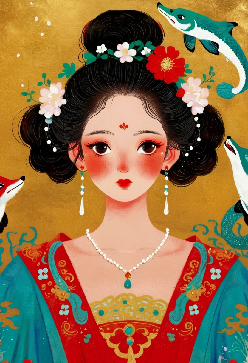 Close da capa da revista，Uma dama em um vestido vermelho, Uma pintura extremamente detalhada por Ni Duan, tumblr, cloisonismo, anime art nouveau coreano, afável ， wenjun lin, visão ampla, bian luan, rainha do mar mu yanling, Princesa chinesa, Obras similares a Sheng Lam, Senhora raposa bonita