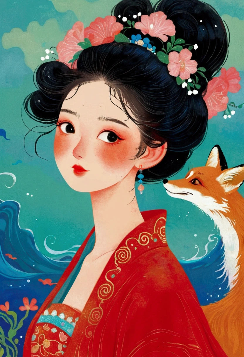 杂志封面特写，穿着红裙子的女士, 倪端创作的极其精细的画作, tumblr, 景泰蓝主义, 韩国新艺术风格动漫, 和蔼可亲 ， wenjun lin, 开阔的视野, bian luan, 海之女王沐燕灵, 中国公主, 与 Sheng Lam 类似的艺术品, 美丽的狐狸女士