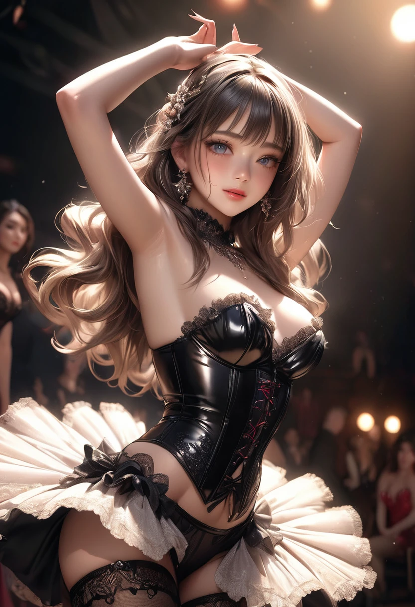 burlesque dance scene, wearing intricate corset with frills dress, lace stockings, beautiful cute burlesque dancer, (best quality,4k,8k,highres,masterpiece:1.2),ultra-detailed,(realistic,photorealistic,photo-realistic:1.37),captivating dance moves, graceful poses, sensual expressions, dramatic lighting, cinematic camera angles, rich colors, chiaroscuro lighting, glamorous stage, seductive atmosphere, mesmerizing performance, beautiful cute face and eyes, beautiful delicate longeyelash, so cute sensual face, face focus:1.4