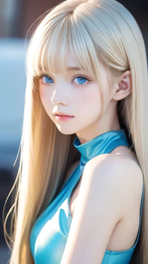 A beautiful blonde with big, bright, pale ice blue eyes.、Super long straight silky hair、A very cute 16 year old、The bangs betwee...