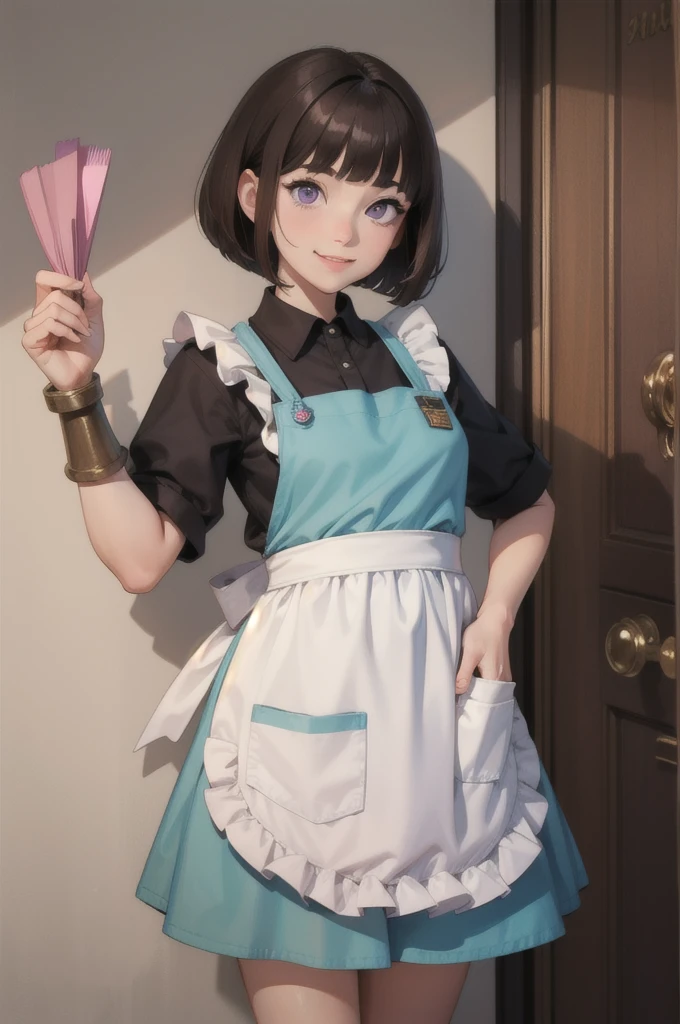 masterpiece, Highest quality, One girl, eric, Purple eyes, Brown Hair, Blunt bangs, Bobcut, ２Corner, pink, frilleis apron, bare shoulisers, Elbow hand pockets, Gauntlet, reis skirt, Fur trim, View your viewers, :is, IncrsVGift Both, incoming gift, outisoors, evil smile,shaded  face(eyes in shadow)