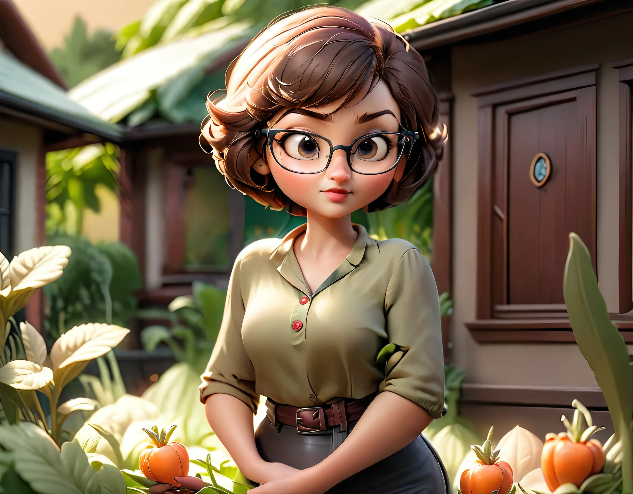  A woman with short hair and glasses, beautiful body, big breasts, thin waist, wide hips, wearing a blouse and leggings, making a carrot garden in the. House yard in the morning sun rays 