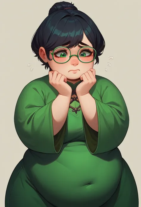 score_9, score_8_up, score_7_up, 1girl, cute, black hair, hair bob, green eyes, white fantasy dress, obese, wizard, shy, glasses