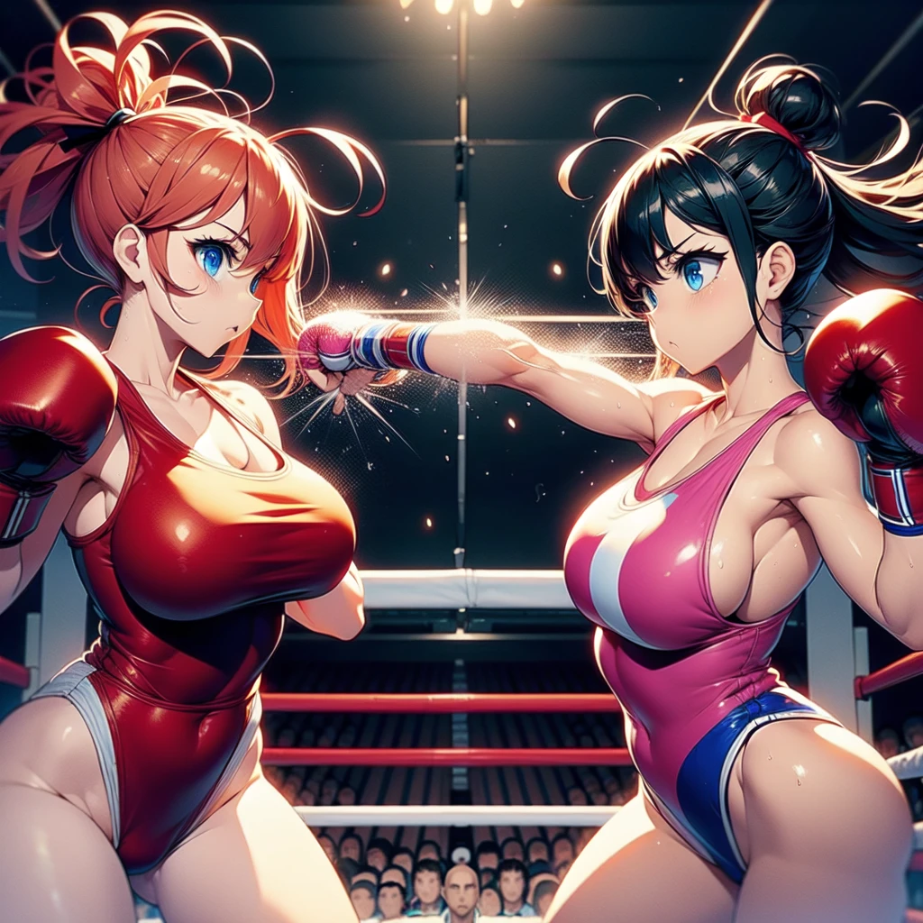 Nsfw , Flat oppai vs oversized oppai , In boxing rings , Wear boxing gloves ,Wear Korea national flag pattern leotard.