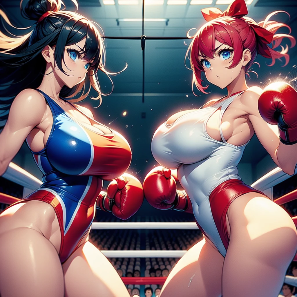 Nsfw , Flat oppai vs oversized oppai , In boxing rings , Wear boxing gloves ,Wear Korea national flag pattern leotard.