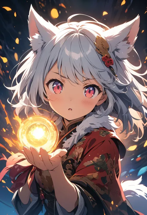 (masterpiece:1.2), (Highest quality:1.2), Ultra-high resolution, Very detailed, Perfect lighting, Wolf Girl, White Hair, National costume, Otherworldly fantasy, Fluffy tail,cute, Reaching out to the viewer, from the front, Cracked screen,Digital anime art,Anime style illustrations,Anime illustration